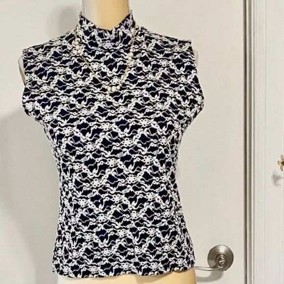 NICOLA Black White M/L Sleeveless Embroidered Look Mock Neck Top Y2K - Picture 2 of 9